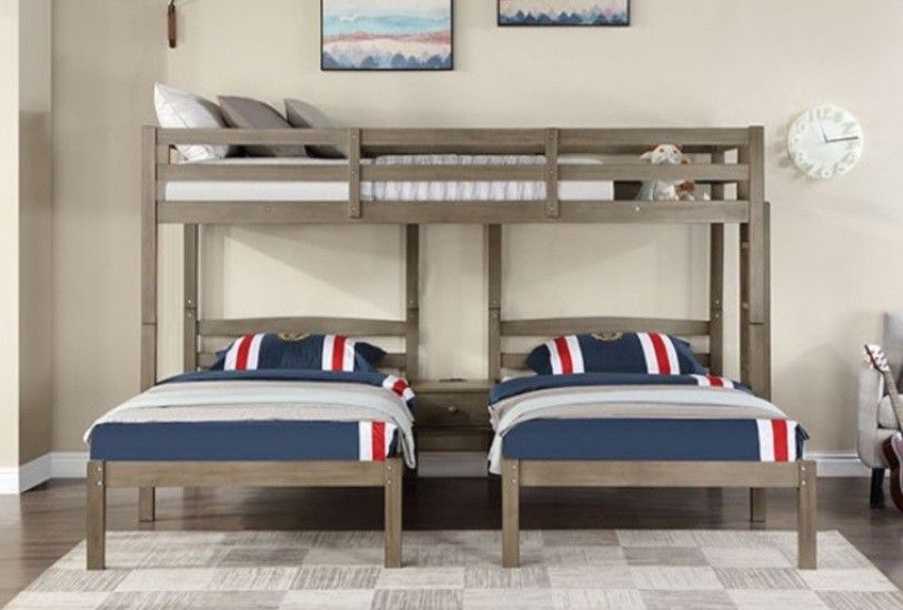 Brand New Warm Grey Twin Size Triple Bunk Bed