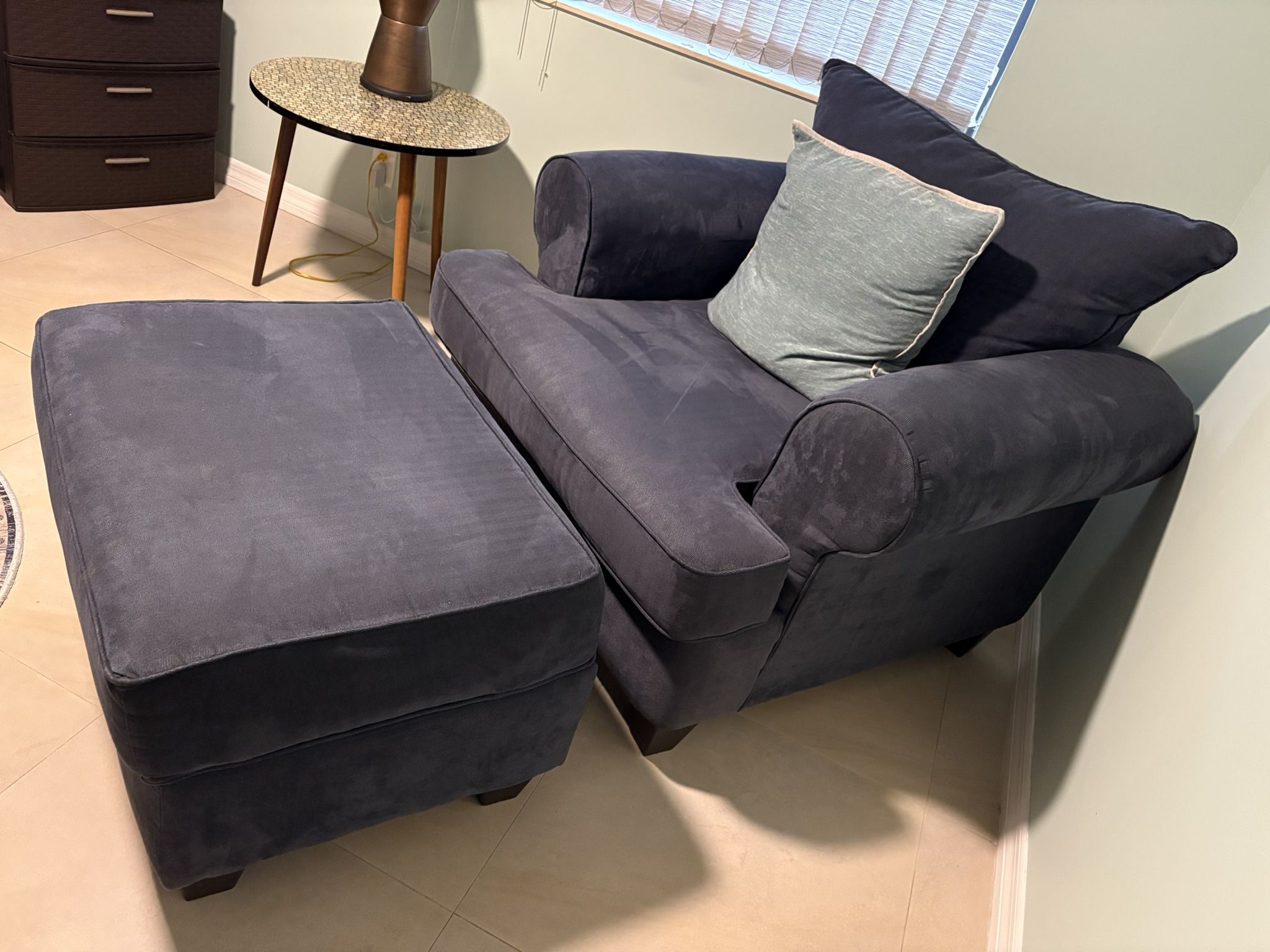 Blue Fabric Sofa Chair and Ottoman
