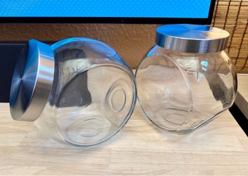 2 x Glass Jars with brushed silver lids - versatile side tilt & upright