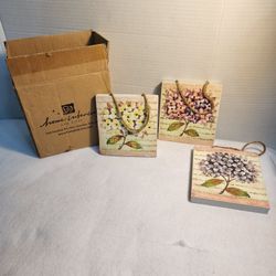VINTAGE NEW Home Interiors Handpainted Floral 5" x 5" Stone Wall Plaque Set Of 3