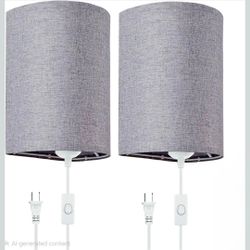 Set of 2 Gray Fabric Plug-In Wall Sconces with On/Off Switch