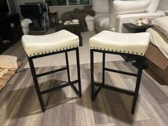 Bonded Leather Backless Stools Set of 2 with Padded Seat  - Ivory