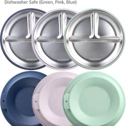 Greentainer 3 Pack Stainless Steel plate, Divided Plate with Silicone Suction Base, (GREEN ONLY)