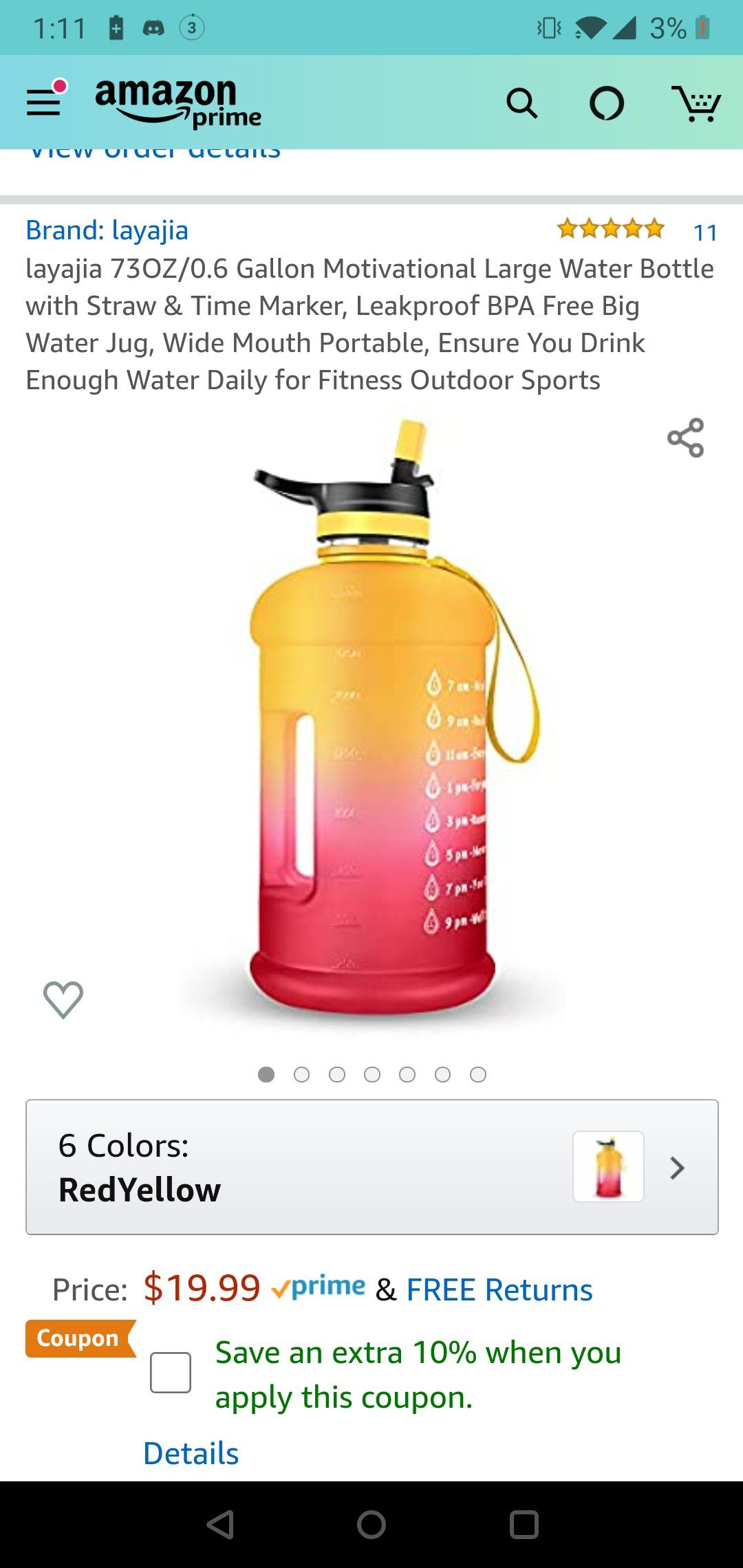 NEW Large Motivational Water Bottle, 73 Oz./0.6 gallons