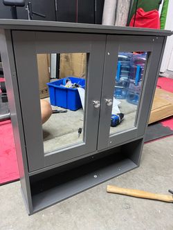 Gray Bathroom Wall Cabinet with Mirror Doors