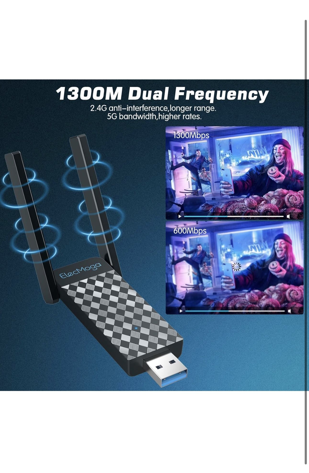 USB WiFi Adapter, ElecMoga 1300Mbps Wireless Network Adapter Dual Band 5GHz/2.4GHz WiFi Dongle USB 3.0 5dBi Antenna WiFi Adaptor for Desktop PC, Suppo