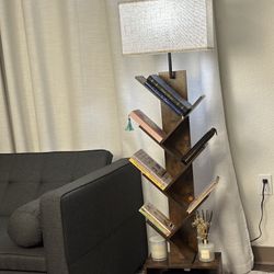 6 Tier Tree Bookshelf with Light & Remote, Small Bookcase with Storage Cabinet, Modern Narrow Corner Bookshelves Organizer, Tall Floor Standing Book S