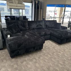 Big Soft Black Chaise Corduroy Sectional Couch