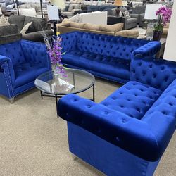 Beautiful Blue Velvet Living Room Set