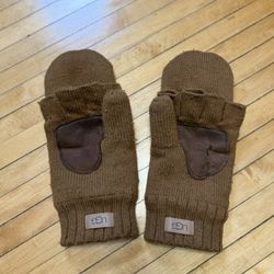 UGG Knit Flip Chestnut Convertible Fingerless Mittens w/ Leather Patch Sz. L/XL