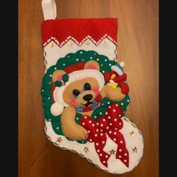 HAND MADE EMBROIDERED FELT CHRISTMAS STOCKING FINISHED ORNAMENT BEAR FINISHED NEW, FULLY LINED. Sock