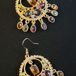 New Condition Vintage Large Dangle Gold Tone Hoop Earrings With Multicolored Rhinestones!