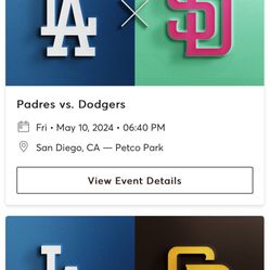 Padres vs Dodgers 5/10, 5/11, 5/12 - 4 Seats