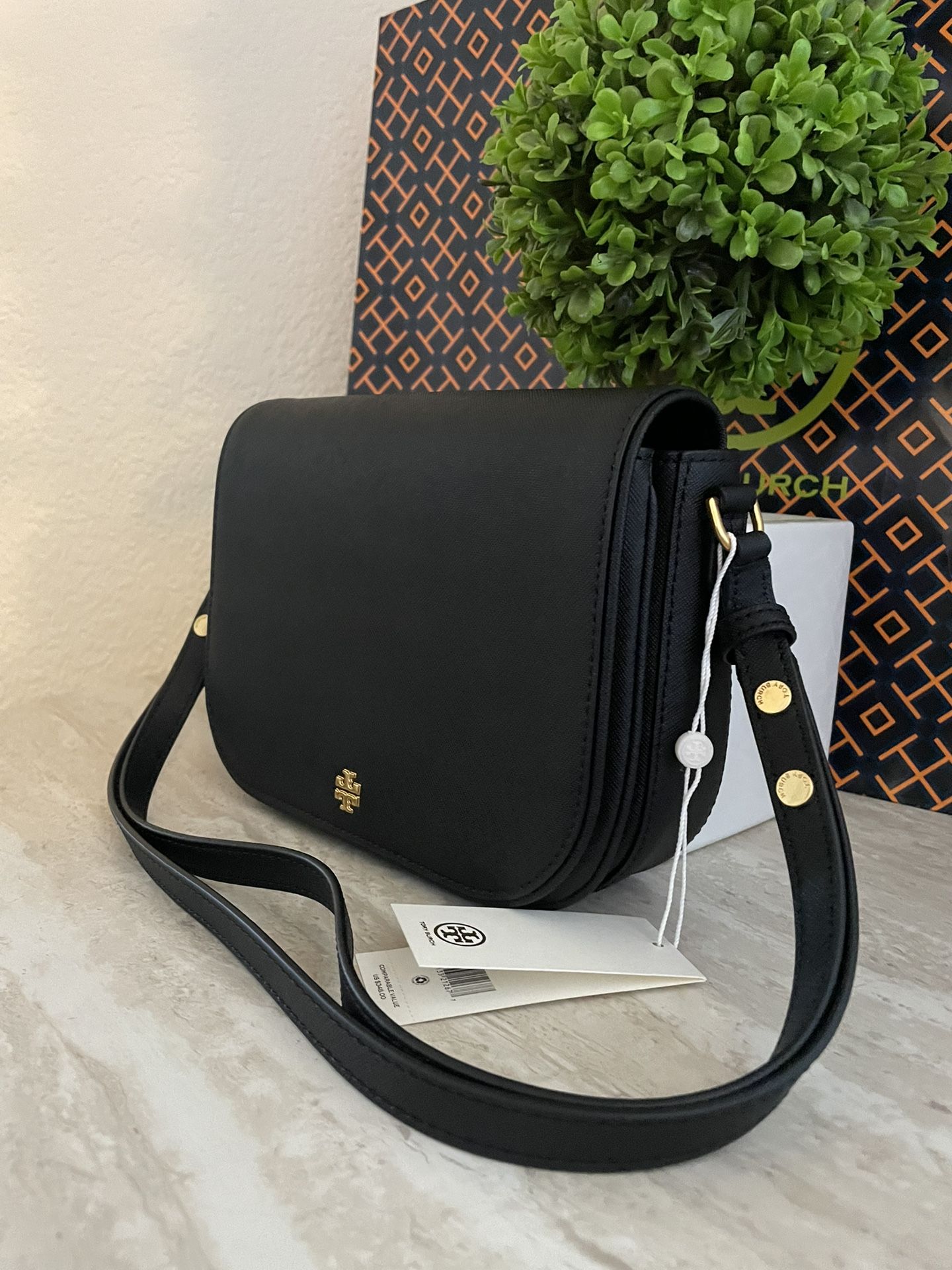 Tory Burch Emerson Top Handle Women's Saffiano Leather Crossbody Bag  (Black): Handbags