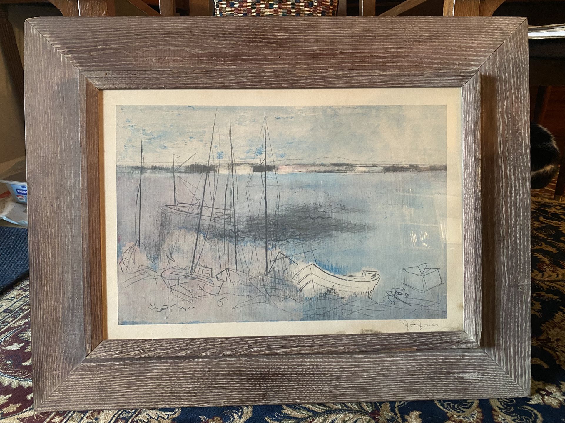 Vintage 1950's Mid Century Joe Jones Quiet Cove Paintagraph Print Signed Framed