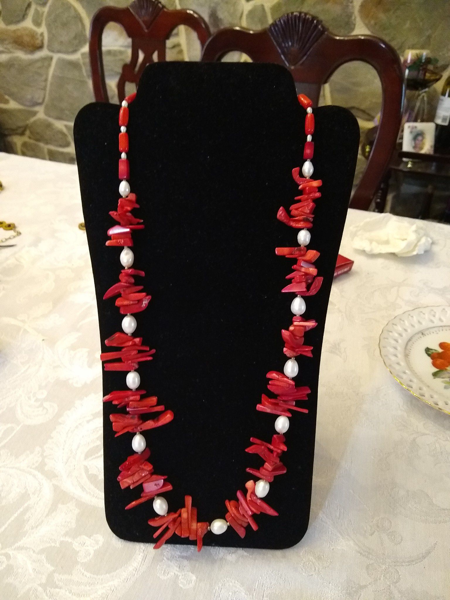 Necklace with red Coral , Pearl and Swarovski Laker