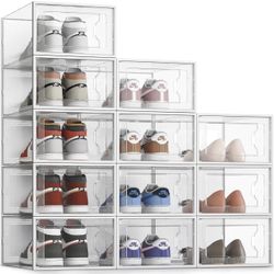 12 Pack XX-Large Shoe Storage Box Clear Plastic Stackable Shoe Organizer for Closet - Fits Size 14