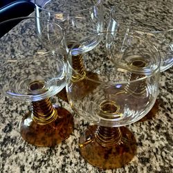 Vintage Mid Century Beehive Bee Hive Glasses Amber Stem Set Of 4