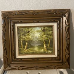 Vintage Oil on Canvas Painting, Forest Landscape & Trees in Autumn, Antique Wood Frame. Signed Art. Measure” 20”x18”