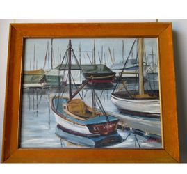 L.MORE ART SIGNED Front And Back: "HANCHETTE'S LANDING" Art Tittle:  MULTI COLOR BOATS,OCEAN SCENE WOOD-FRAMED