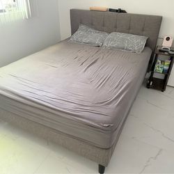 Gray Upholstered Platform Bed Frame with Headboard -Like new - Queen Size