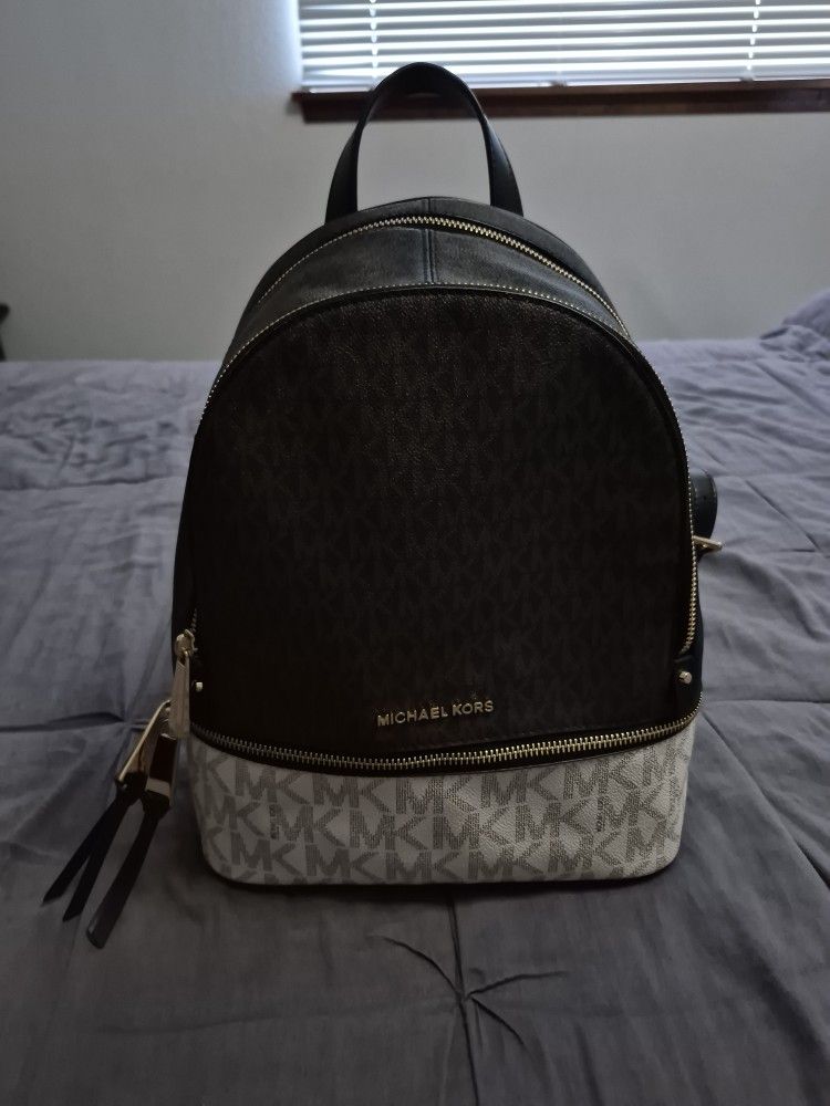 Michael Kors Rhea Medium Metallic Signature Logo Backpack In "Husk Multi"