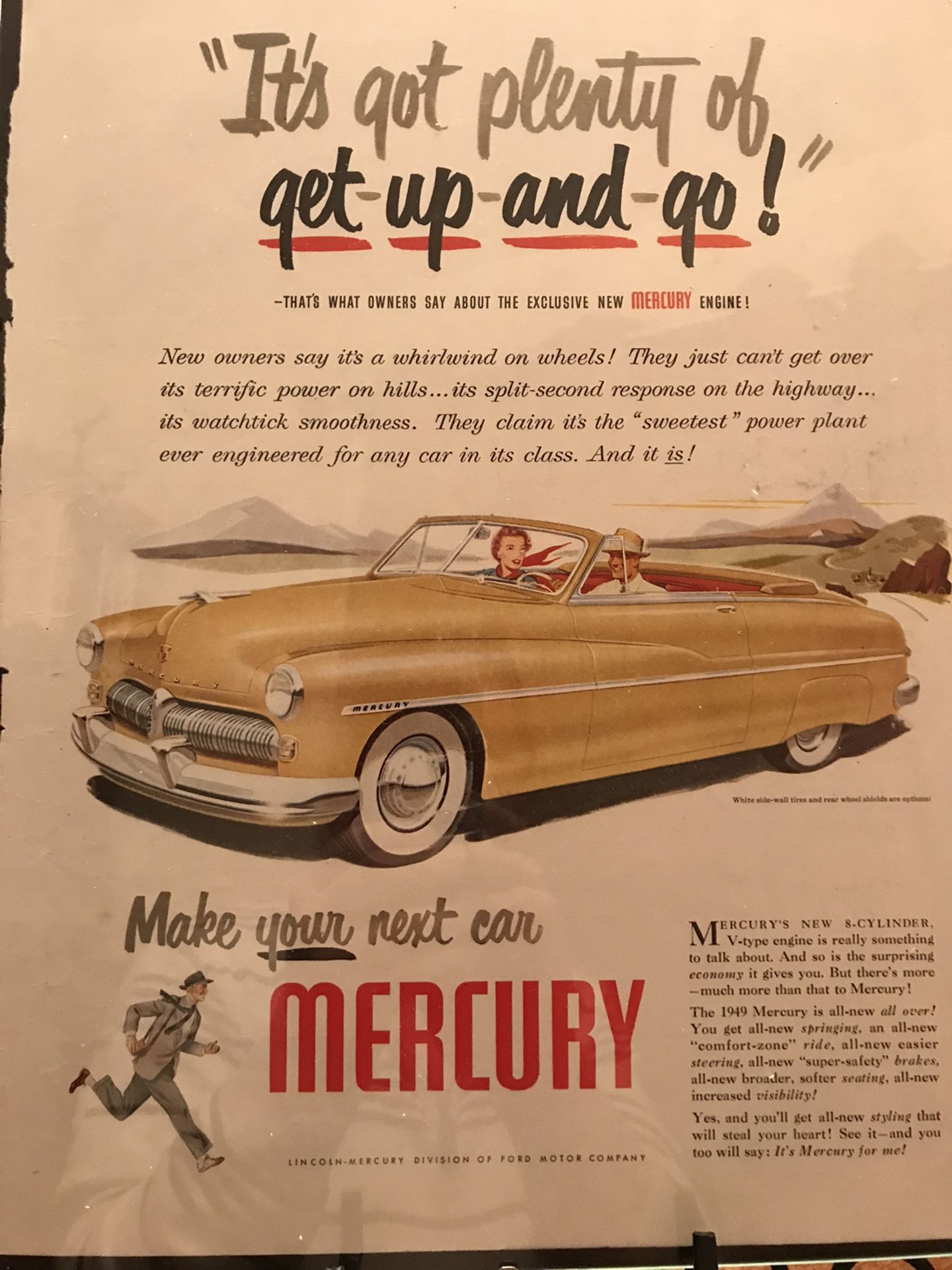 An all glass framed Mercury car ad original like the day this ad was viewed in 1949 from Post