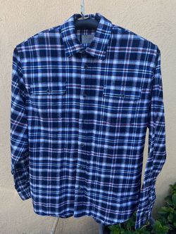 White red and blue Flannel Plaid Button-Up Shirt