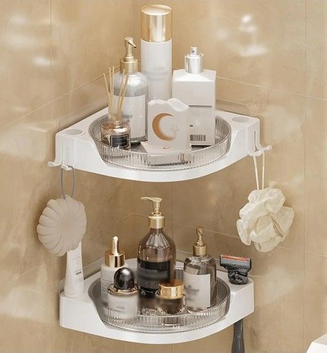 Corner Shower Caddy with Hooks & 360° Rotating Disk Drainable, 2-Tier Wall Mounted Bathroom Counter Organizer, No Drilling Adjustable Height Floor Sta