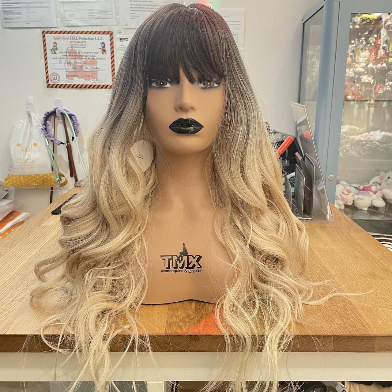 Human hair ombre blonde wavy wig with bang