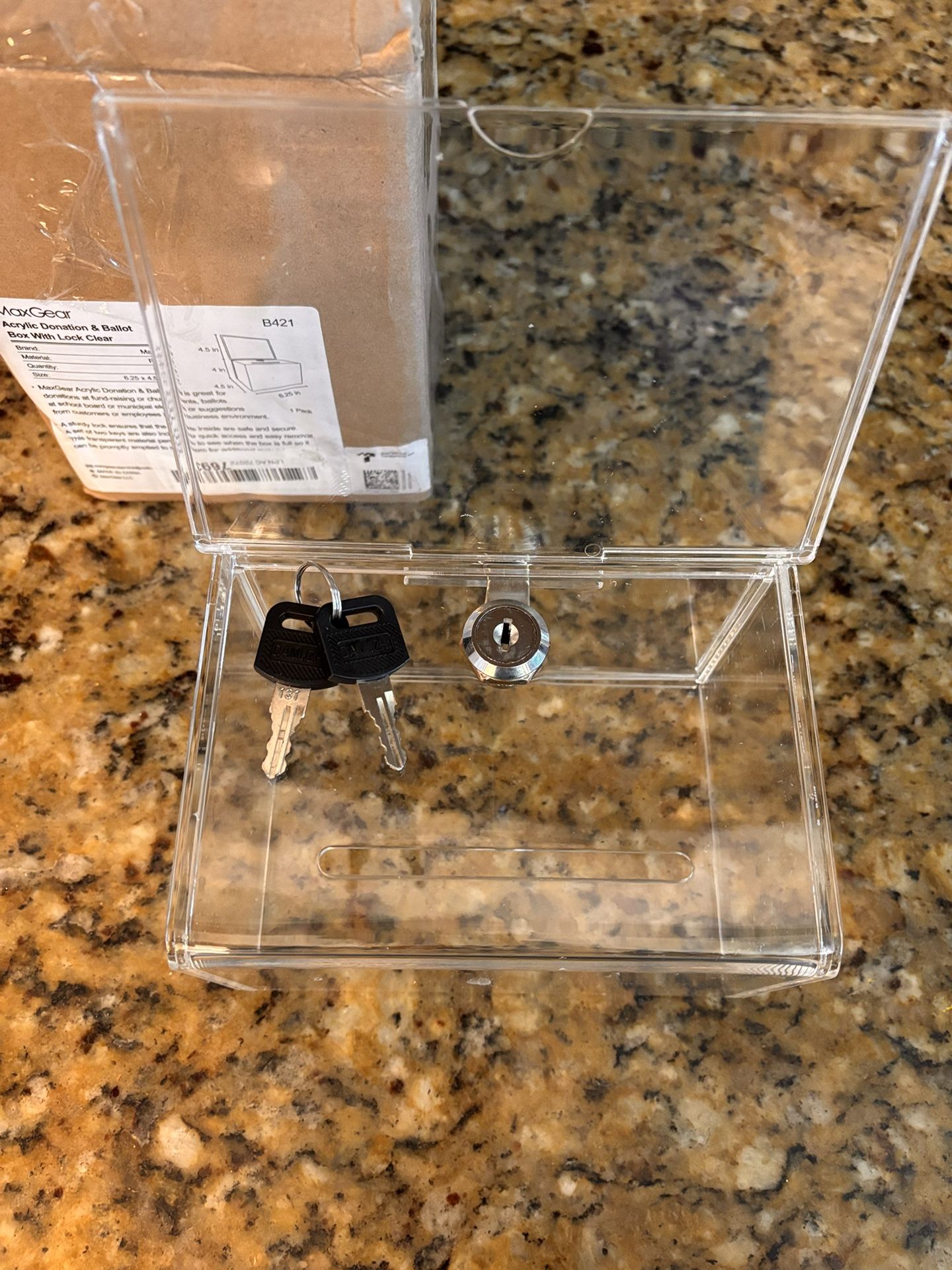 Acrylic Donation Box with Lock and Sign Holder, Clear (6.2" x 4.5" x 4") with Lock - Clear