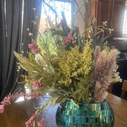 Glass mosaic blue/green vase with faux flowers included. 