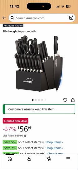 Knife Set, Amorston 21 Pieces Kitchen Knife Set with Block and Sharpener, Ultra-Sharp Knives Set with Ergonomic Handles, Black German Stainless Steel 