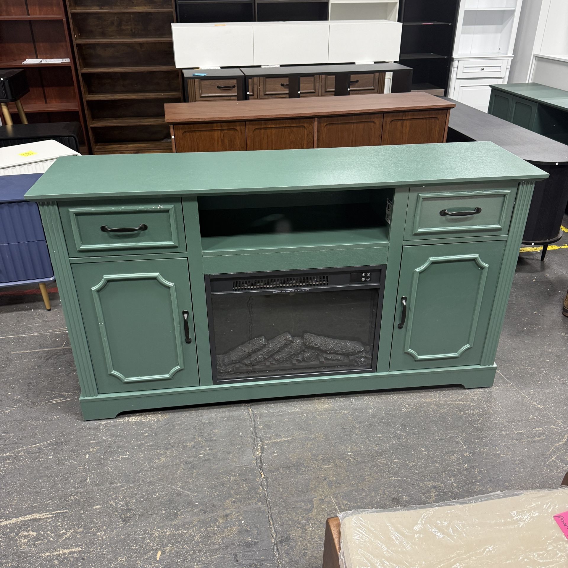 Fireplace TV Stand for TV up to 65'', Consoles Cabinet with Adjustable Shelves, Modern Entertainment Center with Storage for Living Room, Green, Yjj24