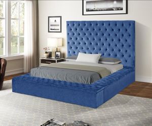No credit needed same day delivery available blue velvet storage queen size platform bed frame only