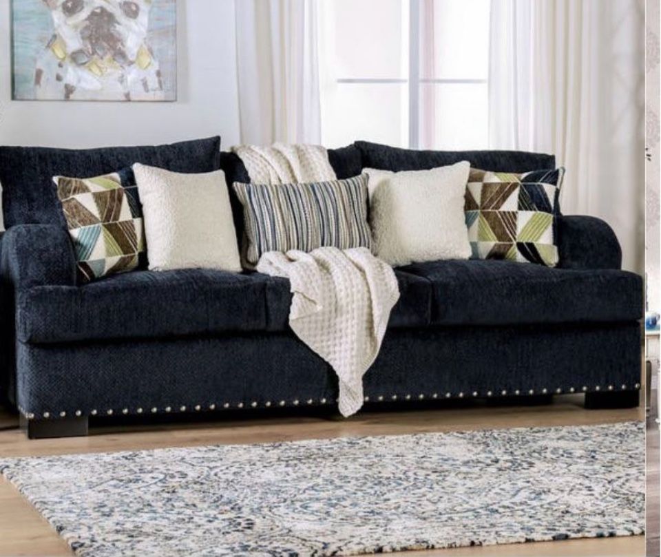 Large Sofa And Loveseat Set - Rich Blue With Silver Accents