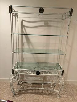 Vintage wrought iron Baker’s Rack with glass shelves