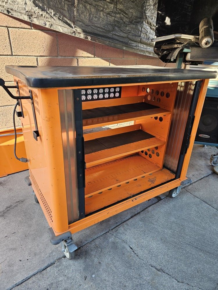 mobiLAB Heavy Duty Industrial Rolling Mobile On Wheels Tool Box Toolbox Cart Workbench Cabinet Metal With Wood Top And Slide Side Doors