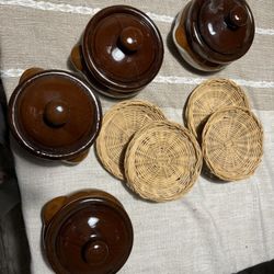 Vintage Glazed ceramic bowls With Kids And Coasters For Soup