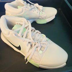 Size 10.5M  Nike LeBron Witness 8 basketball shoes in a Light Bone and Vapor Green colorway.