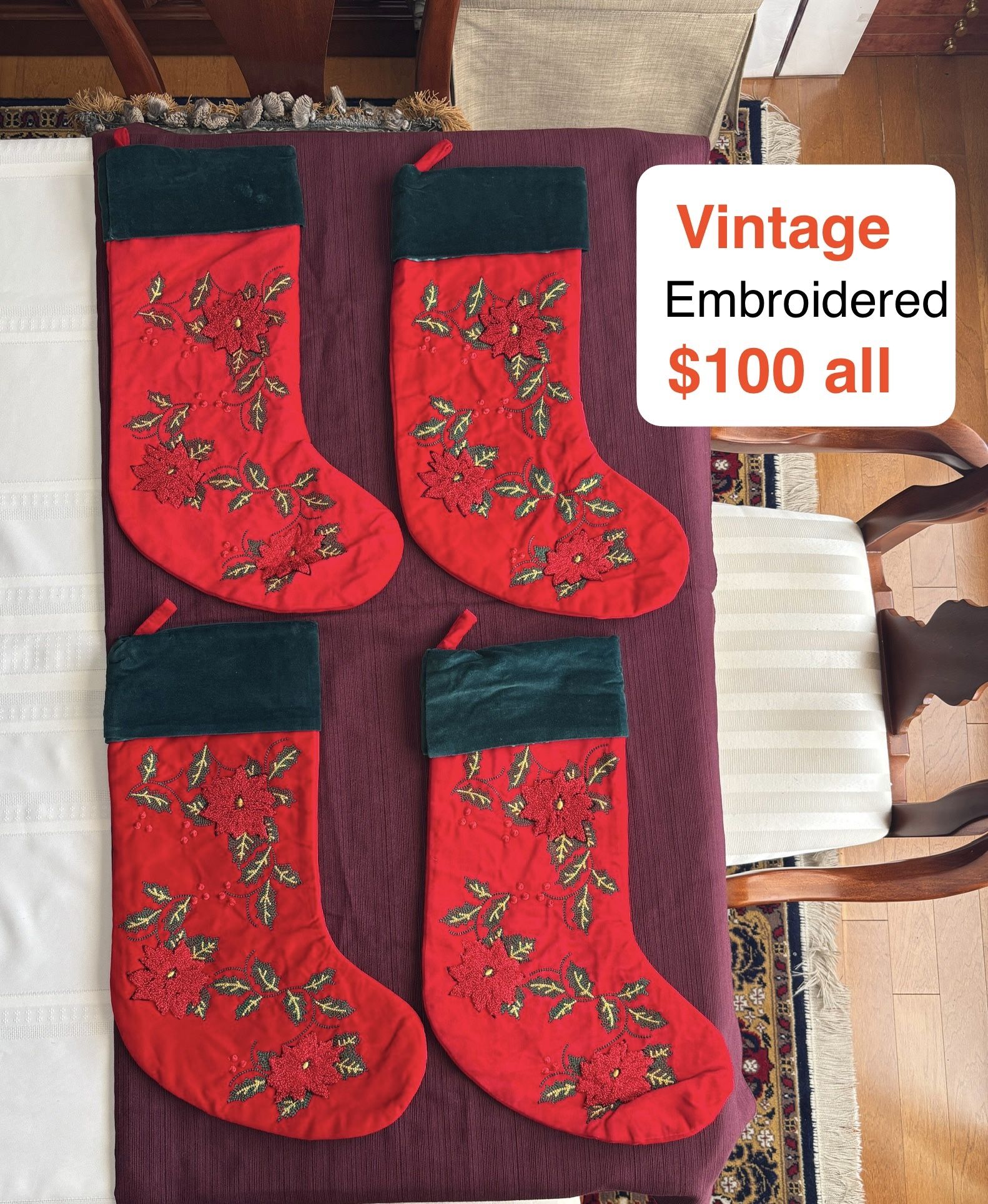 Vintage EMBROIDERED 3D Poinsettias and Holly berries Christmas stockings. Great Christmas decor