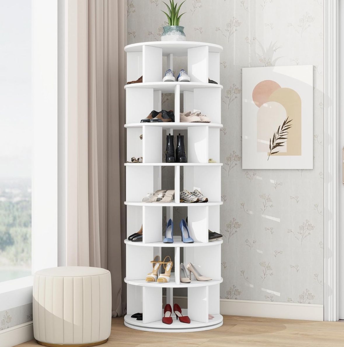 Rotating Shoe Rack Tower, 7-Tier Spinning Shoe Shelf with 5 Compartments Per Layer, 360° Revolving Storage Organizer, White