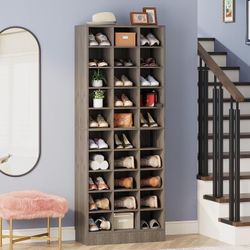 10-Tier Shoe Storage Cabinet, Gray Wooden Shoe Rack with 30 Cubbies, Freestanding Tall Entryway Shoe Organizer for Closet, Entryway, Living Room