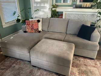 Living Spaces Bonaterra Sectional Sofa + Storage Ottoman - Light Grey, Great Condition