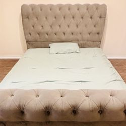 Grey Velvet Queen Sleigh Bed Frame