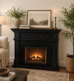 Black Electric Fireplace with Ornate Mantel