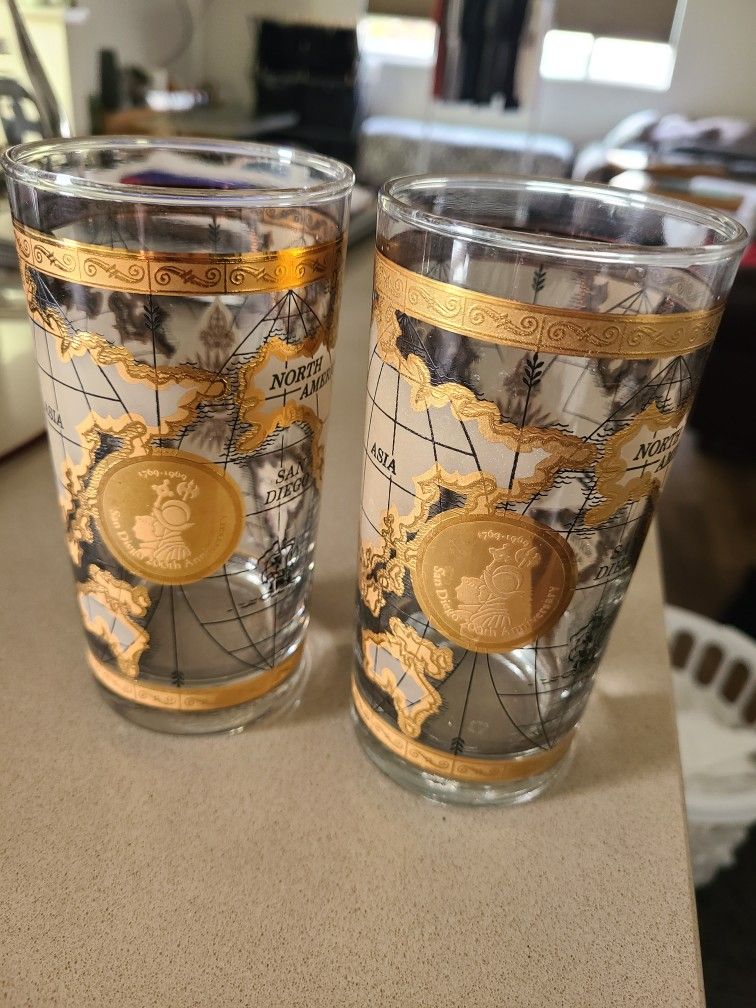 22K Gold San Diego Bicentennial Highball Glasses from Cera ""World Map"" Collection