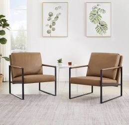 Set Of 2 - Mid-Century Modern Brown / Tan PU Leather Modern Accent Chairs / Armchair w/ Matte Black Metal Frame  [NEW] **Assembly Req** 