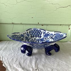 Asian Inspired Blue And White Footed Bowl
