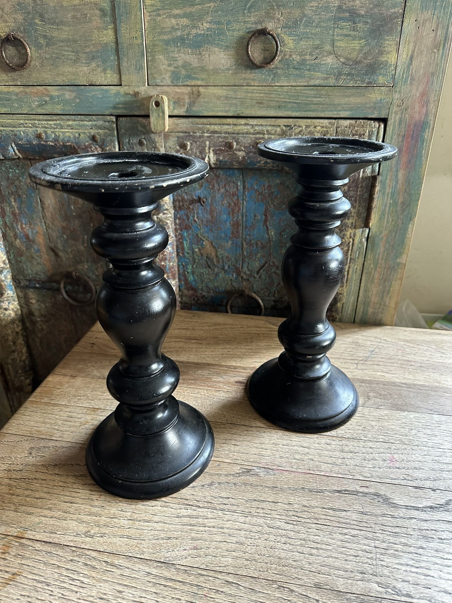 Antique Mexican Wooden Candelabras Set